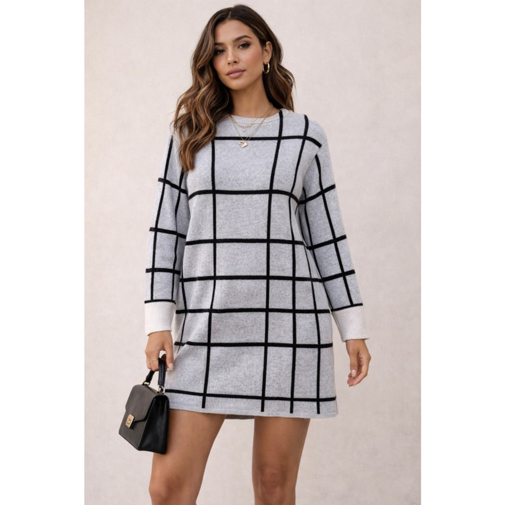 Rag & Bone Mallori Tunic Sweater XS Oversized Merino Wool Windowpane Gray Black